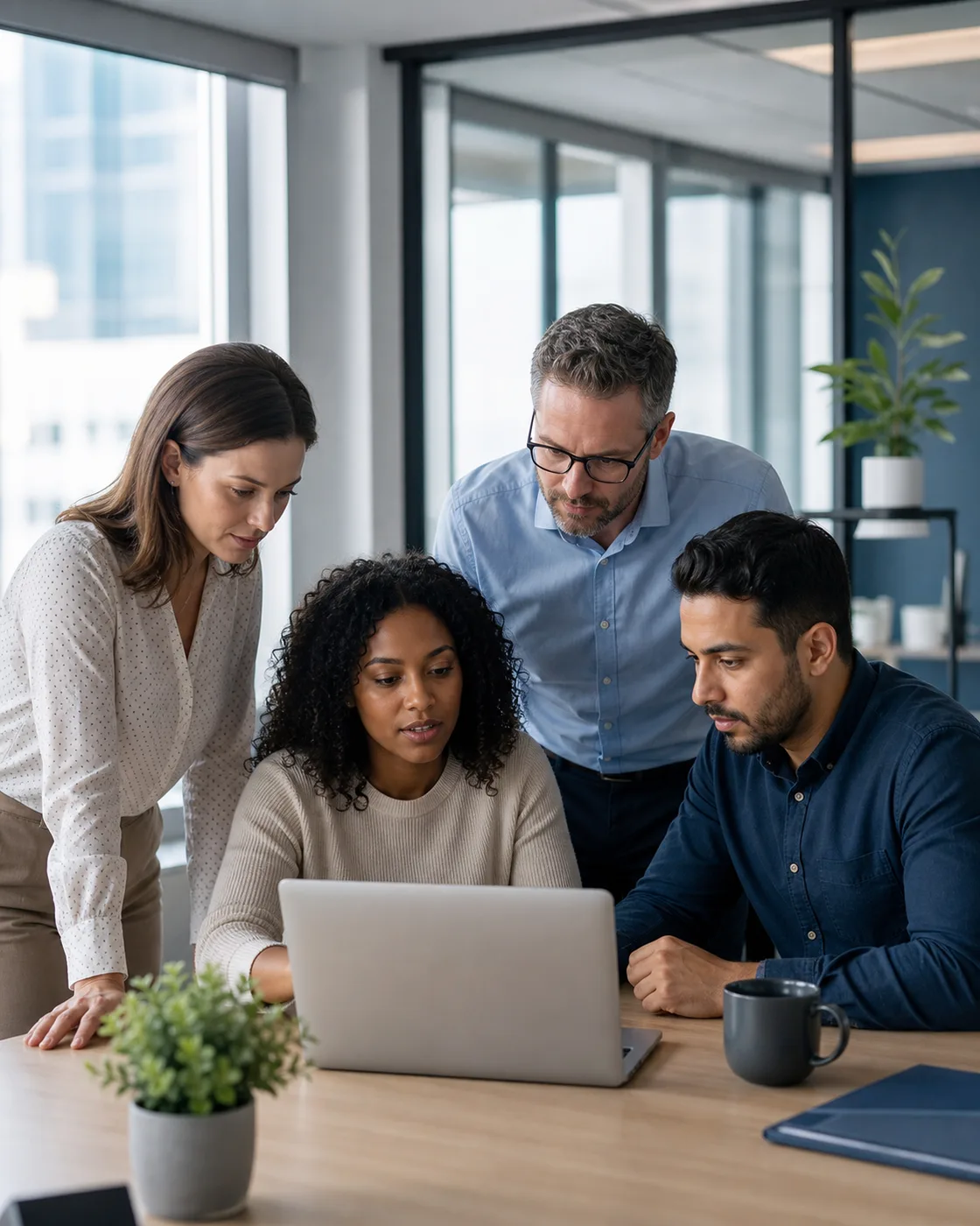 A payroll team collaborating in a bright, modern UK office